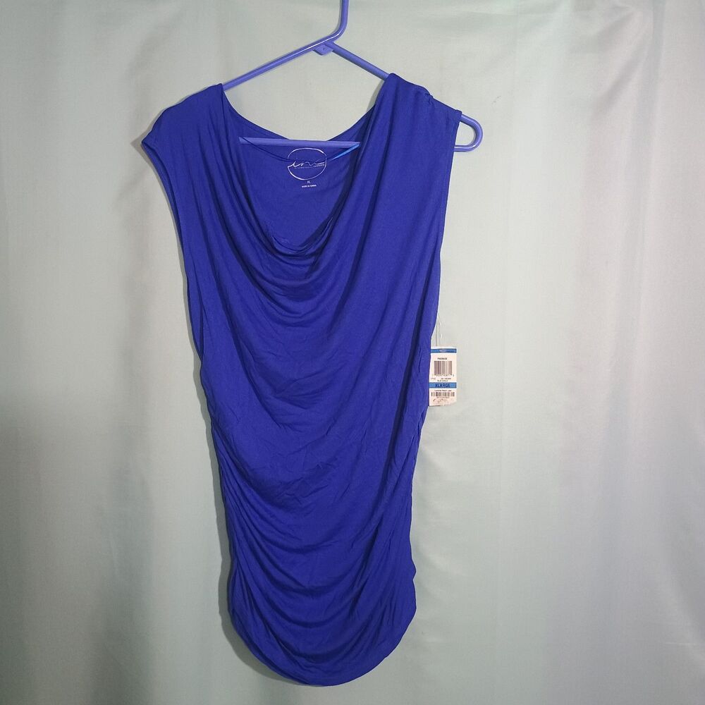 Royal Blue Cowl Neck Ruched Sleeveless Top Draped Stretch Blouse